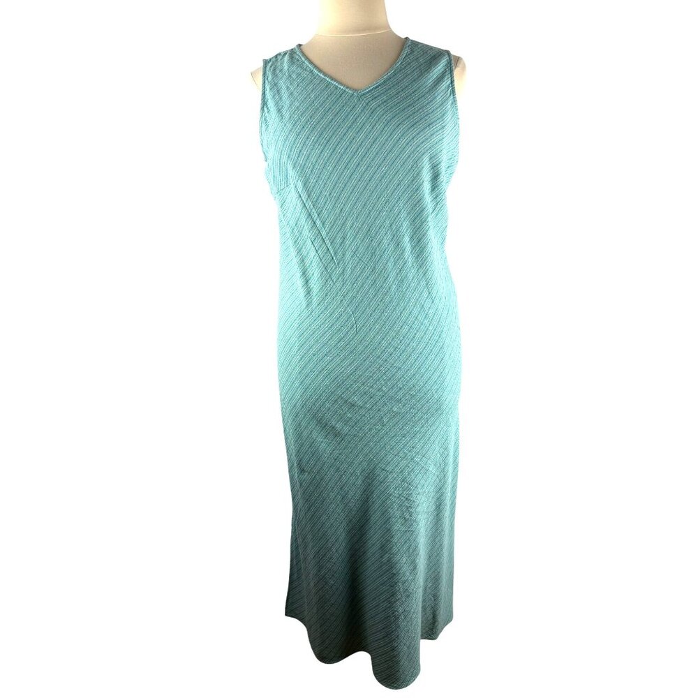 VTG Linen Blend Teal Striped V Neck Sleeveless Maxi Dress Women's Size L
